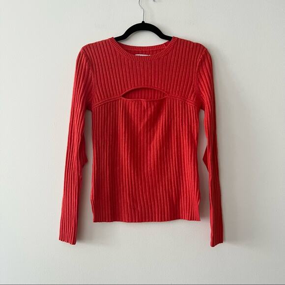 Frame Tomato Red Ribbed Wool-Blend Cutout Sweater - Picture 2 of 6